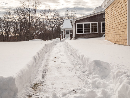 path through snow, behind BCBS Farmhouse